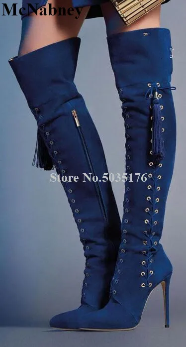 

McNabney Women Long Boots Cross-tied Fringe Pointed Toe Zip Stiletto Heels Over The Knee Boots High Heel Fashion Women Shoes