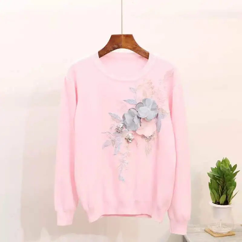pink Neploe, осень, новинка, тяжелый пуловер с вышивкой и пайетками, свитер с круглым вырезом, однотонный, трехмерный цветок, Pull Femme Hiver 45961 - Цвет: pink