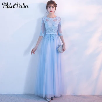

Sky Blue Long Evening Dresses 2020 Elegant O-neck A-line Floor-length Appliques Tulle Women Prom Gown Plus Size