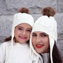 Комплект из 2 предметов, шапка для мамы и ребенка, шапка для родителей и ребенка, одинаковая шапка для всей семьи, зимняя вязаная теплая шерсть, лыжная шапка, теплая шапка с помпоном для женщин