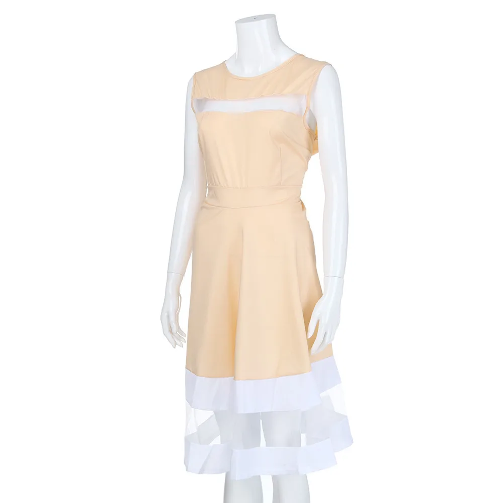 Women's Dresses Jurken 2019Top Hot Women Elegant Knee-Length Sexy Mesh Patchwork O-Neck Sleeveless Party Dress Robe Femme