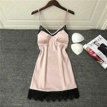 

Sexy Lace Night Dress Pink Night Gowns Silk Ladies Gowns Black Sleepwear Stain Night Wear Padded V-neck Lingerie Dress Summer