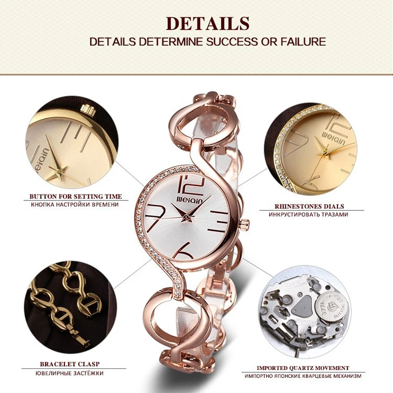 Goedkoop Weiqin Brand Luxe Crystal Goud Horloges Vrouwen Mode Armband Horloge Quartz Shock Waterdicht Relogio Feminino Orologio Donna