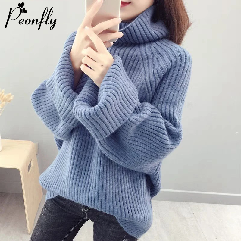 

PEONFLY Turtleneck Solid Color Sweater Women 2019 Winter Warm Loose Oversize Knitted Pullover Sweater Female Soft Jumper