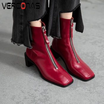 

VERCONAS Square Toe Women Ankle Boots Autumn Winter Thick Heels Shoes Woman Genuine Leather Front Zipper Female Office New Boots