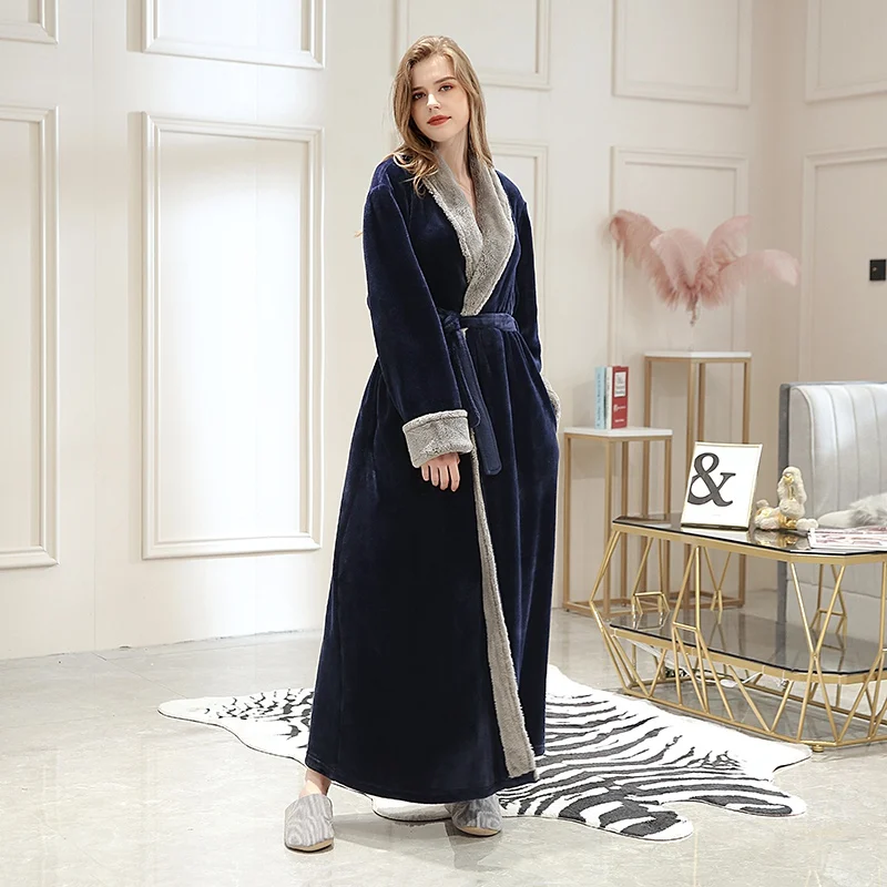 Фланелевая парная ночная рубашка, сексуальный v-образный вырез, халаты с карманами, женский толстый длинный халат на шнуровке