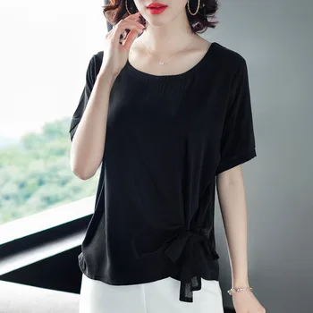 

Women's T-shirt solid color knitted loose shirt gray
