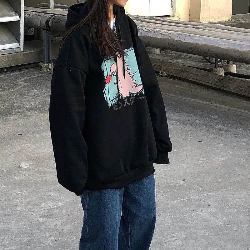 Lychee Harajuku мультфильм Динозавр Женские флисовые толстовки повседневные свободные женские толстовки спортивный костюм хлопок зимние женские пуловеры