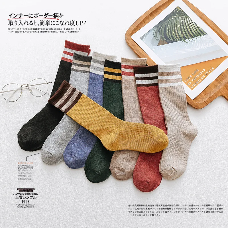 Женские полосатые хлопковые носки в черном, белом, красном, синем и желтом цвете, удобные цветные носки в японском стиле, милые модные женские носки в стиле Харадзюку