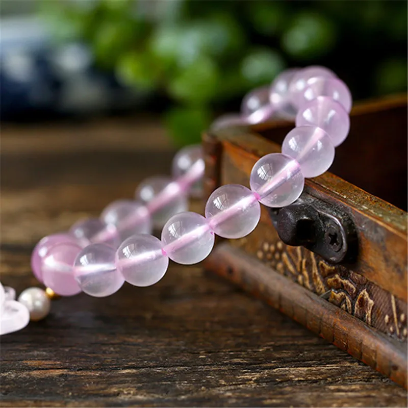 Preise Rosa Rose Quarz Kristall Naturstein Perlen Armband Frau Fuchs Anhänger Armband Armreifen Charme Meditation Healing Schmuck Geschenk