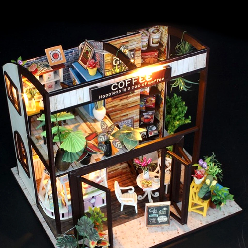 1/24 DIY Making Wooden Miniature Kit Doll House Kids Birthday Gift Coffee Shop House Model Handcrafts Miniature Project
