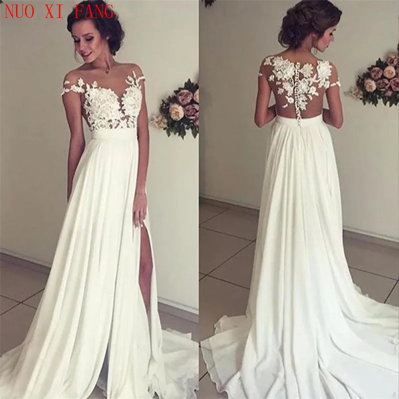 

2020 Beach Vestido De Noiva Wedding Dresses A-line Cap Sleeves Chiffon Lace Slit Dubai Arabic Boho Wedding Gown Bridal Dresses