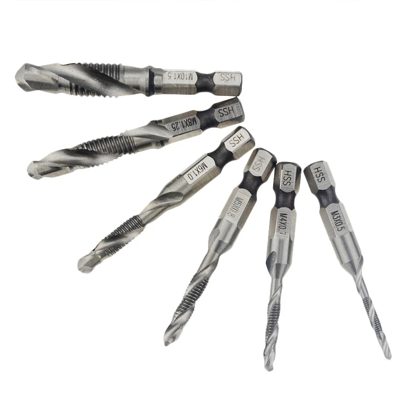 

6PCS M3-M10 Screw Tap Drill Bits HSS Taps Countersink Deburr Set Metric Combination Bit High Speed Steel 1/4 IN Quick Change Hex
