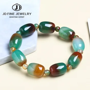 Colorful Green Peacock Agates Drum Shape Bracelet Natural Stone Barrel Beads Bracelet