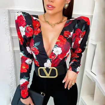 2021 Spring Elegant Boho Print Bodysuits Rompers Women Jumpsuits Puff Sleeve Skinny Sexy V-neck Bodies Ladies Casual Overalls 3