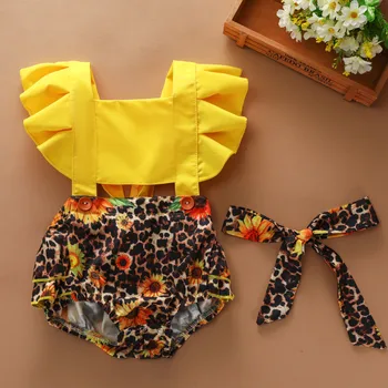 

Newborn Baby Girl Clothes Leopard Sunflower Romper Headband Two Piece set Summer Infant Clothes bebes