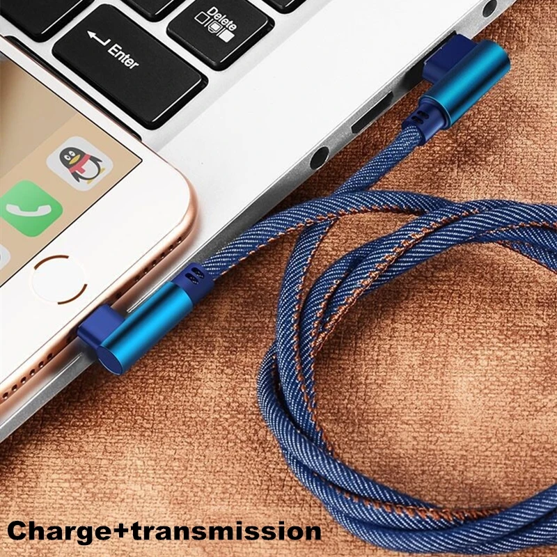 90 градусов джинсовый USB кабель для iPhone Xiaomi usb type C кабель Быстрая зарядка кабель для передачи данных для Galaxy S9 samsung Zend переключатель USB