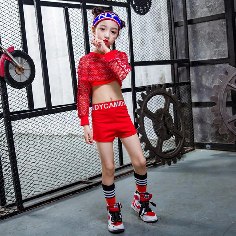 3PCS-Girls-Red-Cool-Ballroom-Jazz-Hip-Hop-Dance-Competition-Costume-Tank-Tops-Shorts-Net-Blouse (4)