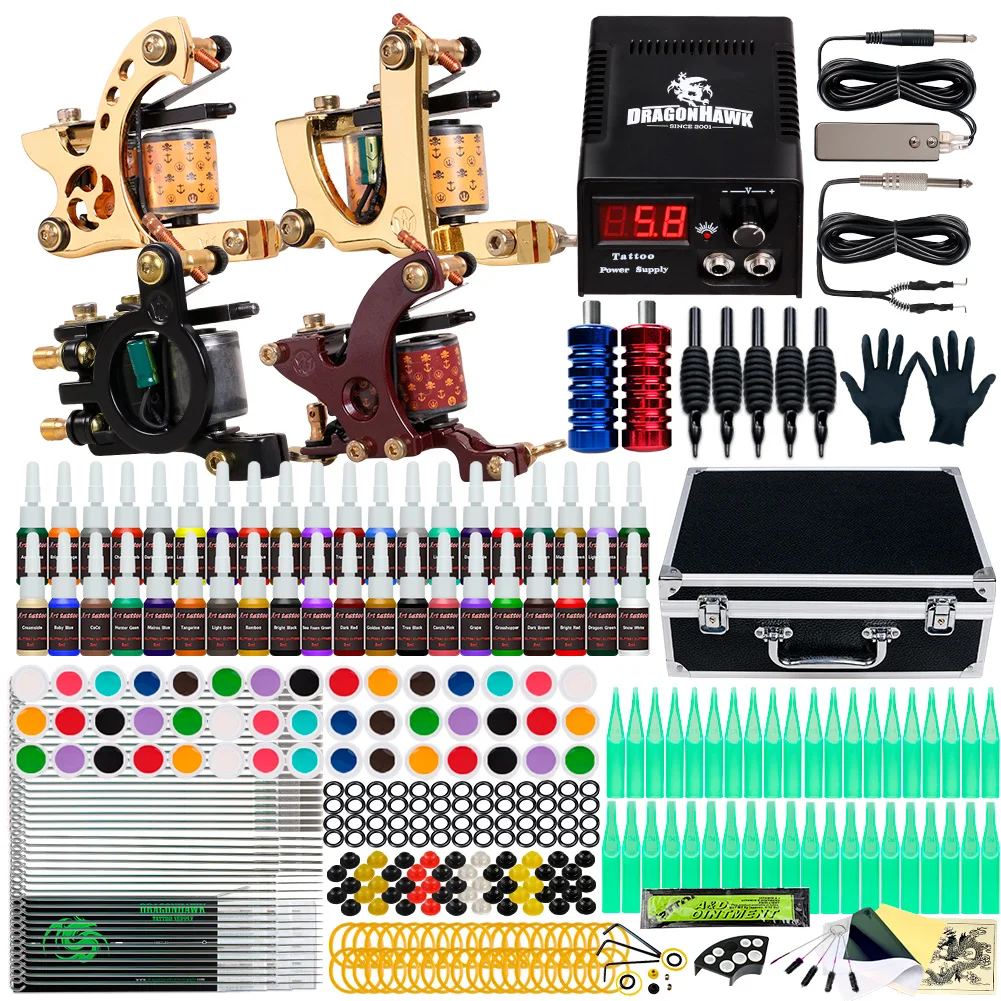 

Beginner Complete Tattoo Kit Supplies 4 Machine Guns 40 color Inks Power supply Needles Grip Tip Set in Box