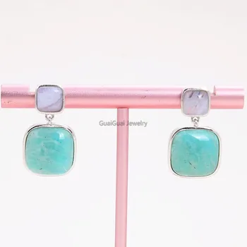

GuaiGuai Jewelry Natural Square Green Amazonite Blue Chalcedony Drop Stud Earrings