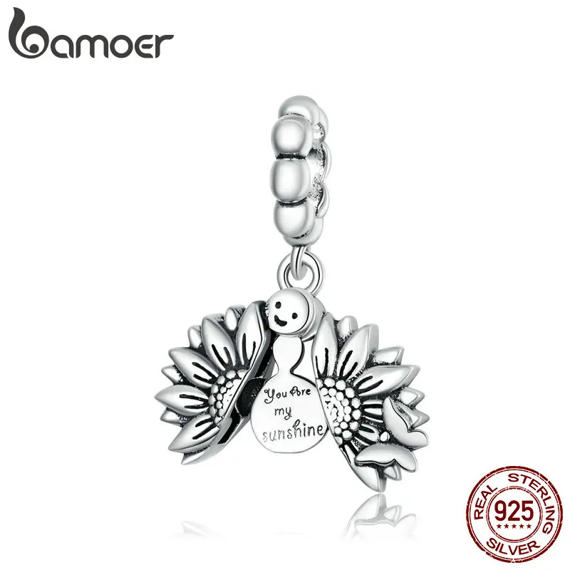 Подлинное искусственное серебряное Подсолнух bamoer с улыбающимся лицом бусины для изготовления серебряного