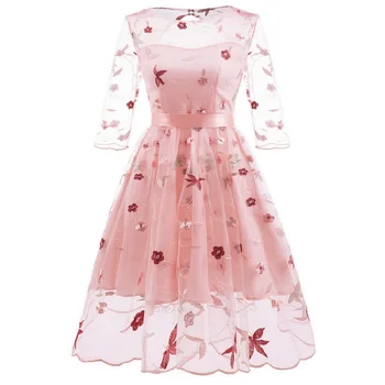 

Sexy See Through Organza Ladies Dress 3/4 Sleeve Embroidery Lace Gauze Three Layers Of Mesh Ladies Dress Wedding Party Dresses