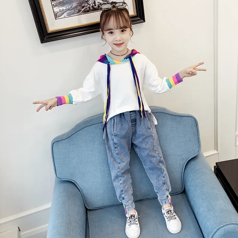 

Online Celebrity GIRL'S Suit Douyin 2020 Autumn Article Rainbow Two-Piece Set Korean-style Big Kid Cowboy Sports Casual Autumn C