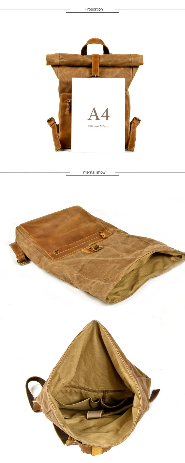 EXPOSITION INTERNE du sac à dos en cuir décontracté en toile cirée rétro Woosir