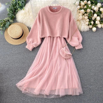 

FMFSSOM Spring Autumn Knitted Warm Long Sleeve Elegant Chiffon Women Lady Female Long Maxi Dress