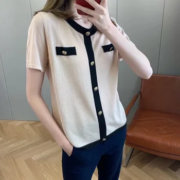 

Women T-shirt Pineapple Buckle Short Sleeve Knitted Top Women