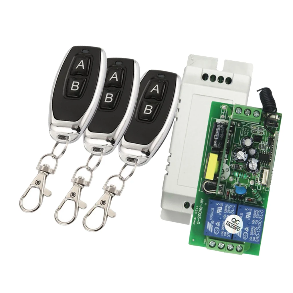 433MHz Wireless Remote Control Switch AC 85-250V 2 CH Relay Receiver Module + 3 RF  For Garage Door Openers, Cars, LED Lights
