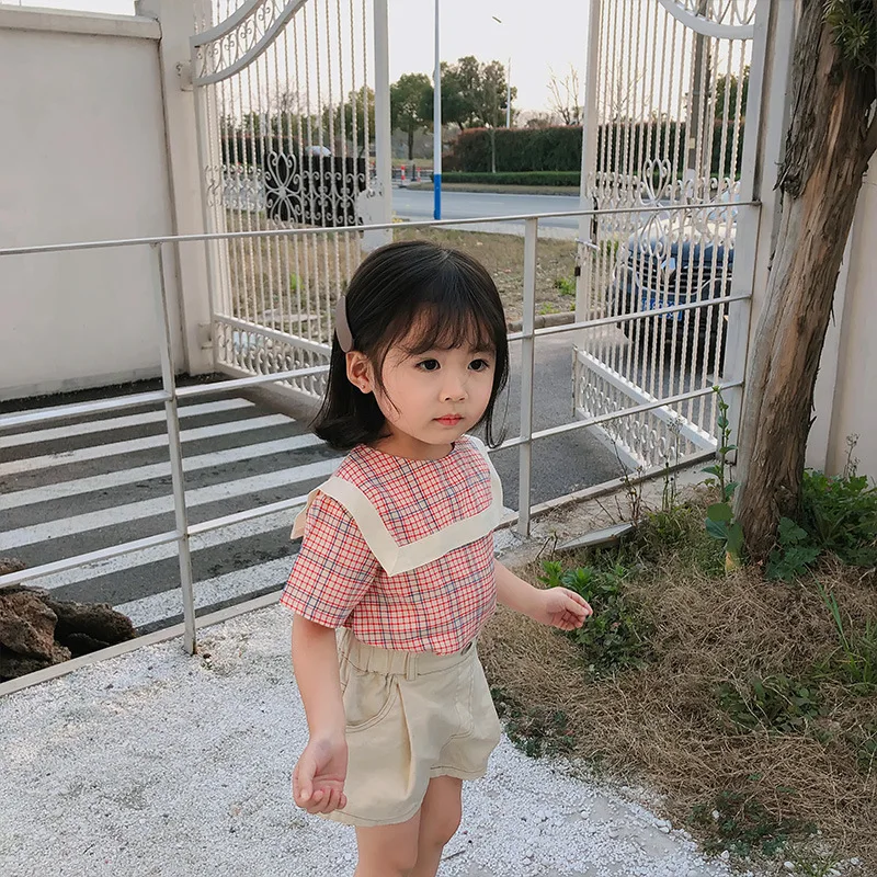 A mu hou/Детская рубашка Новинка года, летняя Клетчатая рубашка из Южной Кореи для девочек детская хлопковая рубашка с темно-синим воротником