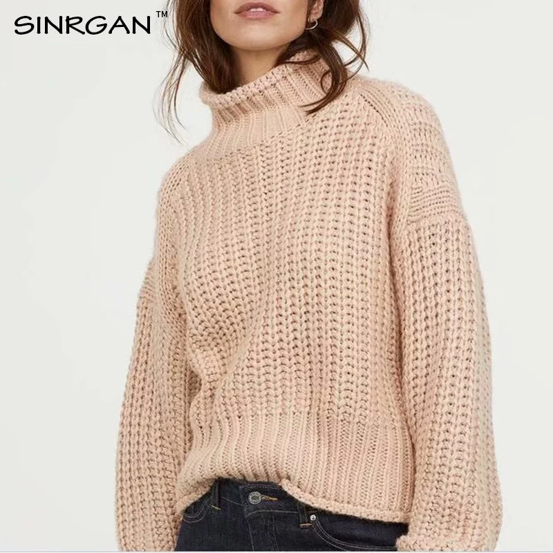 

SINRGAN Beige Turtleneck Pullovers Solid Sweater 2019 Autumn Winter Sweaters Ladies Loose Knitwear Plus Size