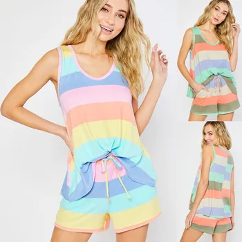 

Pajama Sets Womens Rainbow Stripes Short Sleeve Pajama Set Night Lounge Top Short Sleepwear Sleeveless Tops+Nightwear Shorts