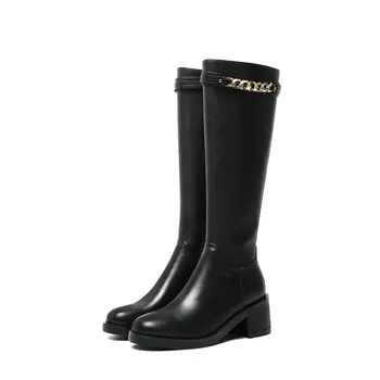 

Genuine leather Women thick high heels platform knee high Boots casual motorcycle Shoes chain Woman boots large size 34-42