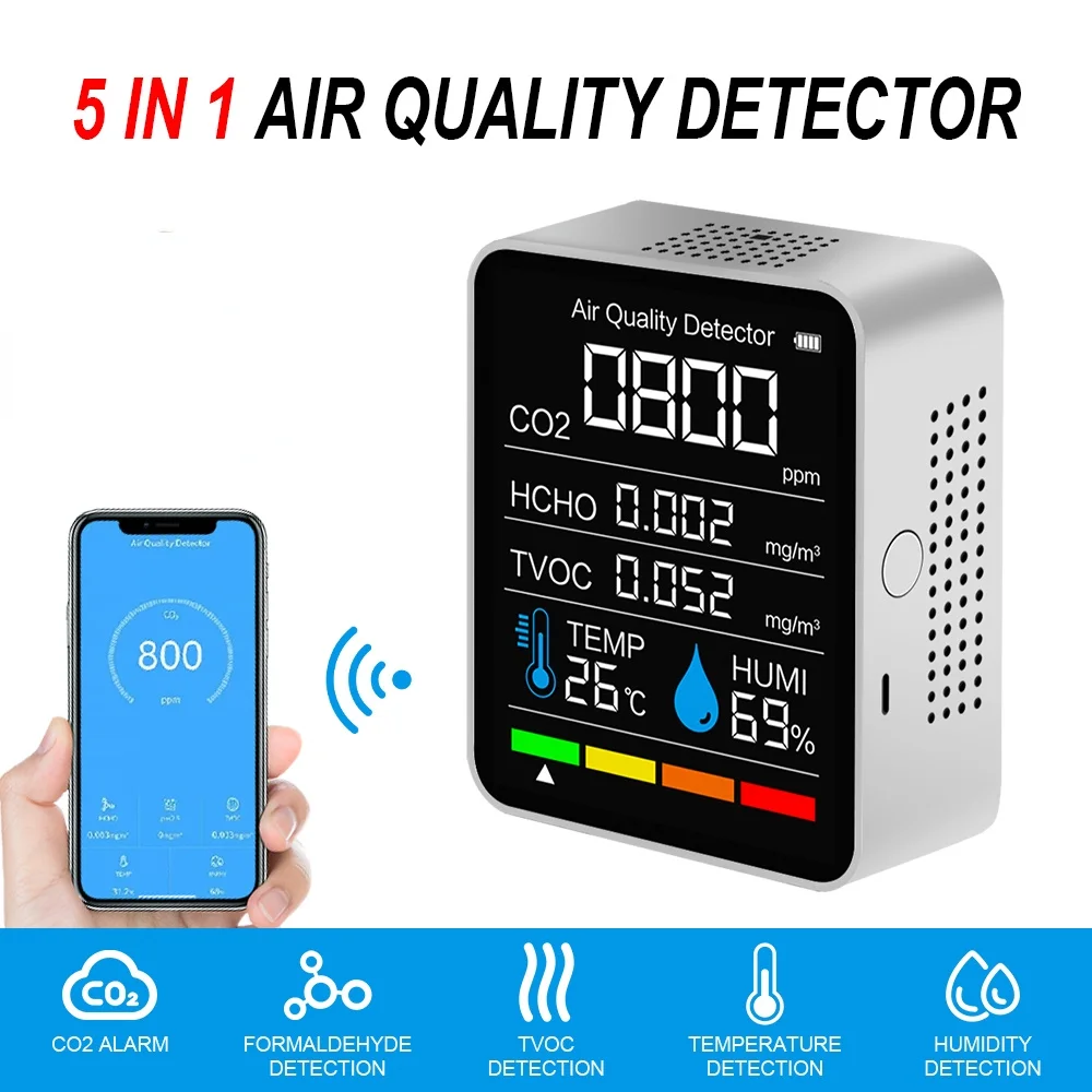 With Bluetooth 5 in1 CO2 Meter Digital Temperature Humidity Tester Carbon Dioxide TVOC HCHO Detector Air Quality Monitor plastic caliper Measurement & Analysis Tools