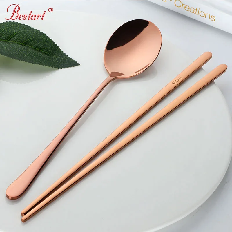 Gold 18/10 Korean Stainless Steel Food Chopsticks Spoon Set Long Handle Flat Non-slip Chopsticks Dessert Spoons Dinnerware Set