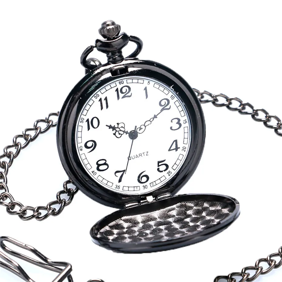 Гладкий черный/серебристый корпус кварцевые карманные часы Полный Охотник Подарочная коробка Для женщин Для мужчин брелок часы Смотреть на цепь - Цвет: black