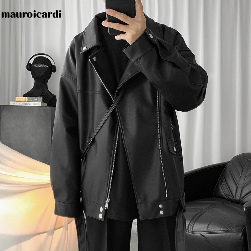 Mauroicardi 남성용 블랙 오버사이즈 가죽 바이커 재킷, 캐주얼 루즈 2021 인조 가죽 재킷, 한국 패션 브랜드, 봄