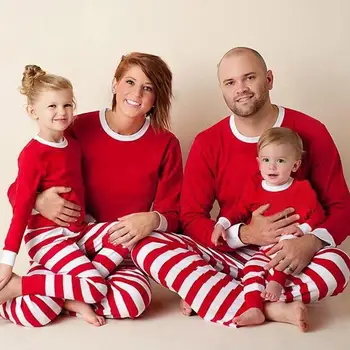 

Family Matching Outfit Clothes Christmas Pajamas Set Green Daughter Stripes Full White Sleeve Red And Mother Sleepwear N0A6
