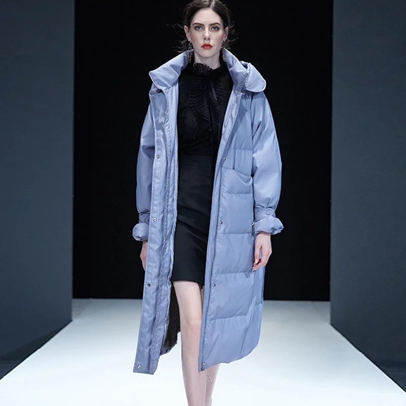 YNZZU, роскошный, новинка, зимний женский пуховик, элегантный, розовый, синий, удлиненный, белый, утиный пух, пальто с капюшоном, теплое пальто, A1145