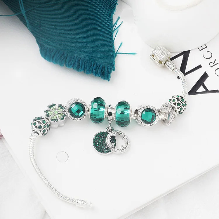 Pan doras, ручная работа, сделай сам, зеленые ювелирные браслеты и кулоны, шарм, 925 серебро, клевер, кристалл, бисерные браслеты, браслеты для подарка на праздник