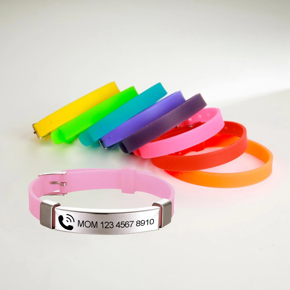 Браслет детский из нержавеющей стали регулируемый силикона имя номер телефона |