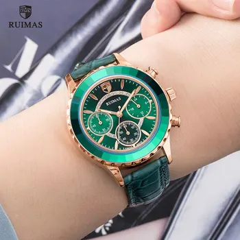 

RUIMAS Women's Chronograph Quartz Watches Luxury Green Leather Wristwatch Lady Female Watch Top Brand Relogio Feminino Clock 592