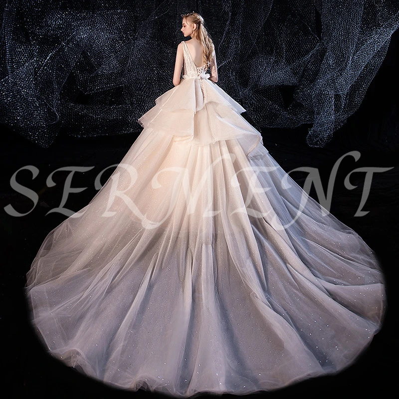 Роскошное Королевское свадебное платье SERMENT, бохо, звездное небо, с рюшами, v-образный вырез, на шнуровке, для собора, 100 см, Кристальные Аппликации