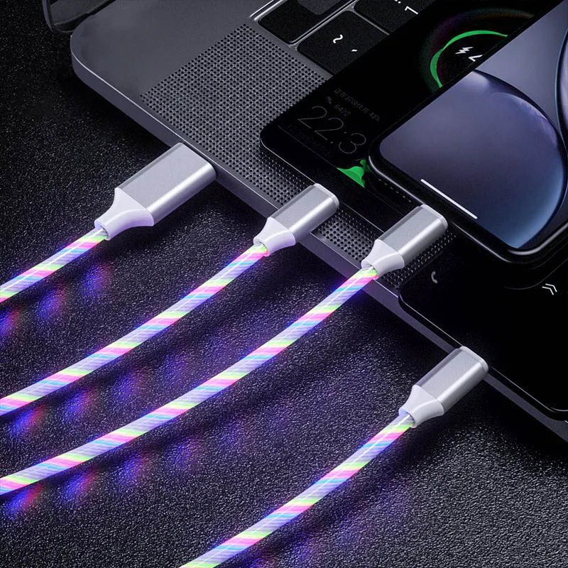 3 в 1 USB кабель для зарядного устройства светодиодный светящийся струящийся кабель Micro usb c для iPhone Android type C 2.4A Быстрая зарядка кабель для передачи данных - Цвет: Multicolor