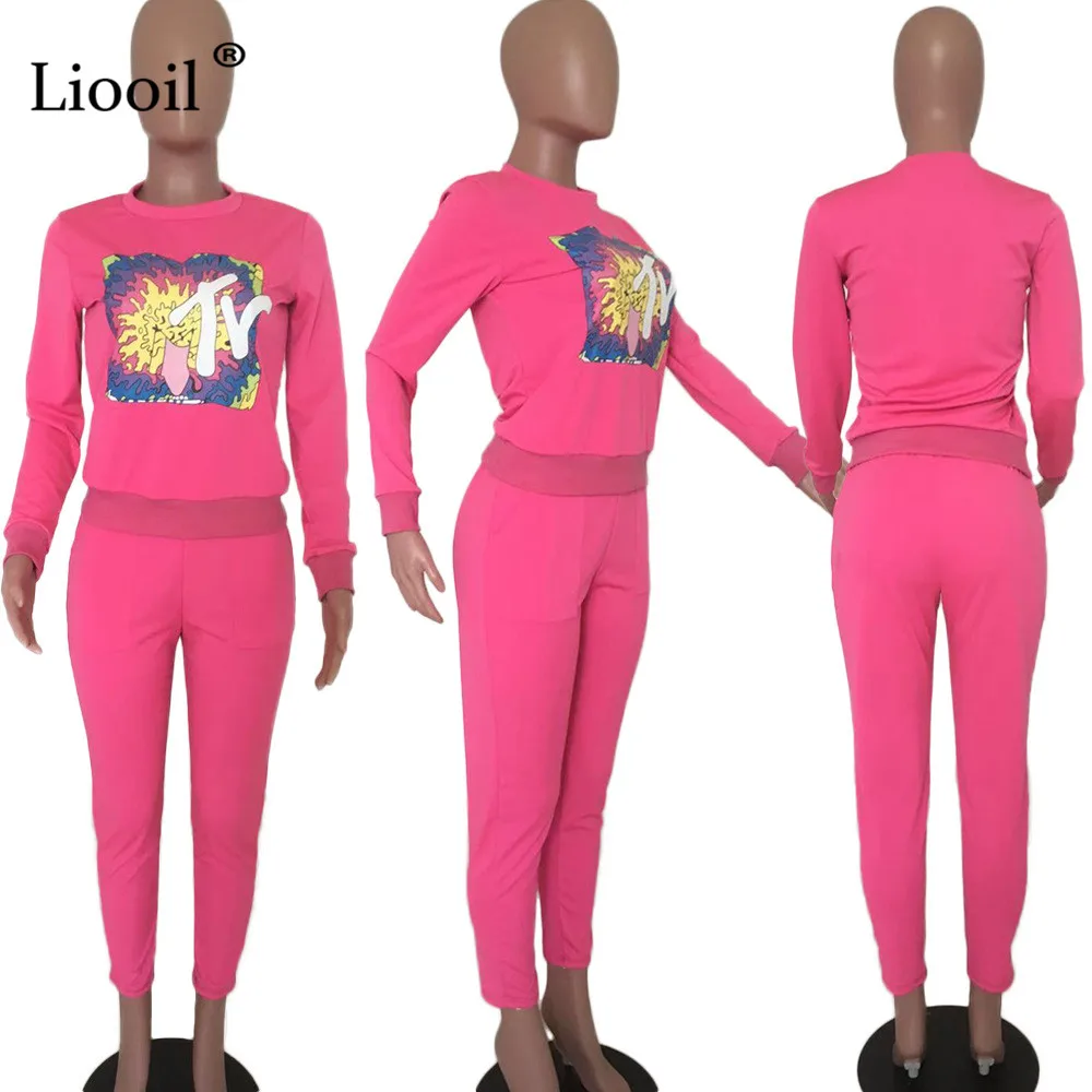 Liooil/комплект одежды из двух предметов с буквенным принтом, женский спортивный костюм,, Сексуальная футболка с длинными рукавами и круглым вырезом, топ и брюки-карандаш с карманами