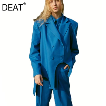 

DEAT Women Blue Hem Irregular Big Size Lazer New Lapel Long Sleeve Light Blue Jacket Fashion Tide Spring Autumn 2020 1Y568
