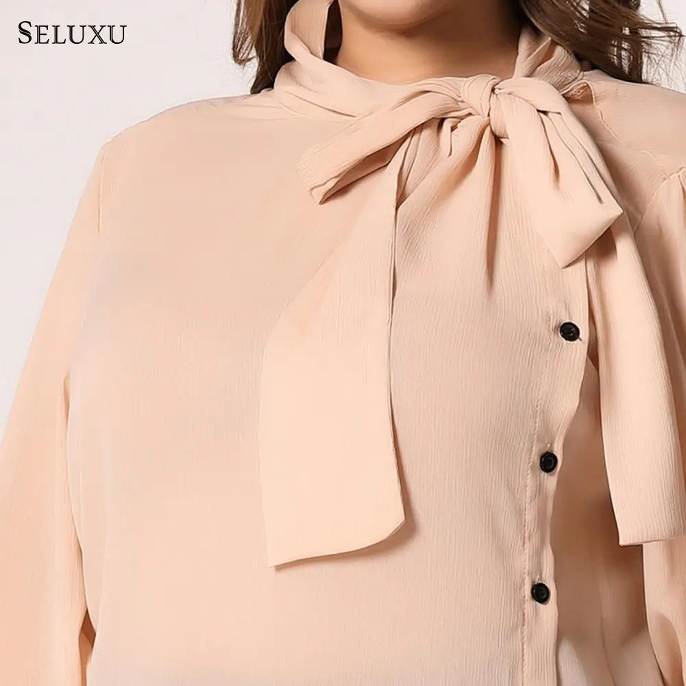 Seluxu, женские блузки, шифон размера плюс, топы, женские, длинный рукав, Круглый ворот, коммутируют рубашки, большие размеры, повседневные топы
