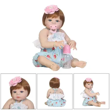 

22inch Full Silicone Lifelike Doll Strawberry Blue Onesies Shorts Flower Hair Clip Early Childhood Kids Baby Toys R9UE